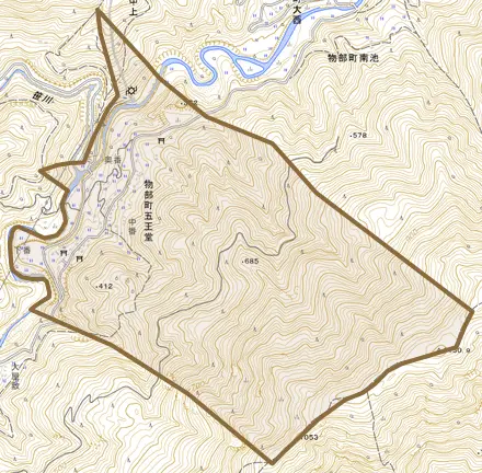 物部町五王堂とその周辺の地図。町の範囲を重ねている