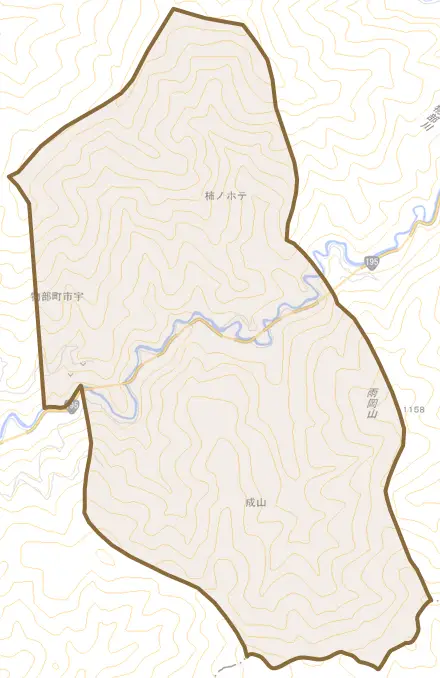 物部町市宇とその周辺の地図。町の範囲を重ねている