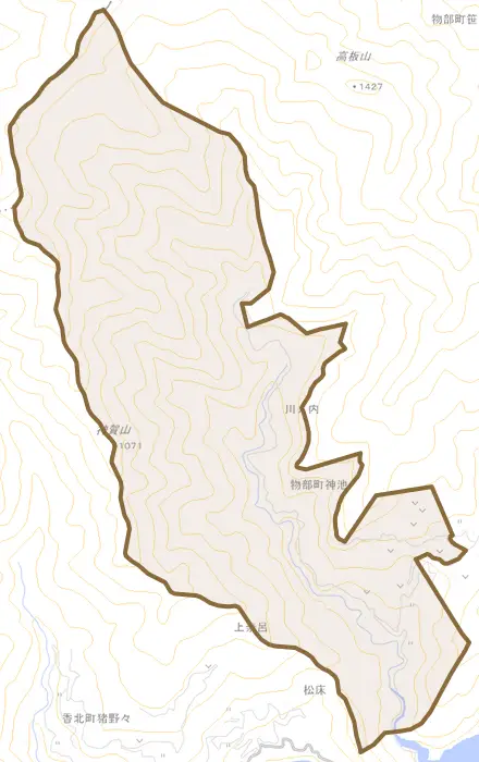 物部町楮佐古とその周辺の地図。町の範囲を重ねている