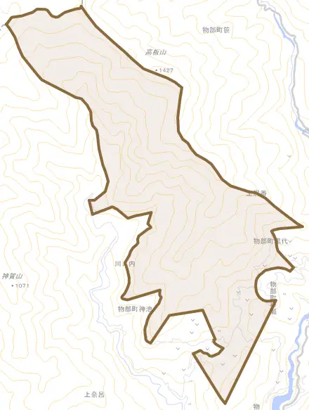 物部町神池とその周辺の地図。町の範囲を重ねている