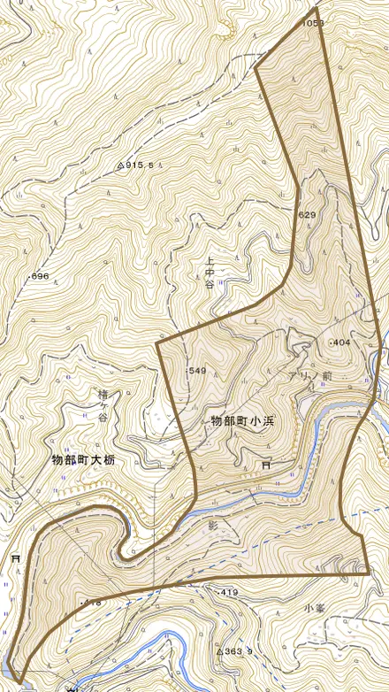 物部町小浜とその周辺の地図。町の範囲を重ねている