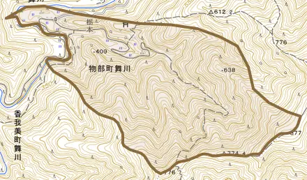 物部町舞川とその周辺の地図。町の範囲を重ねている