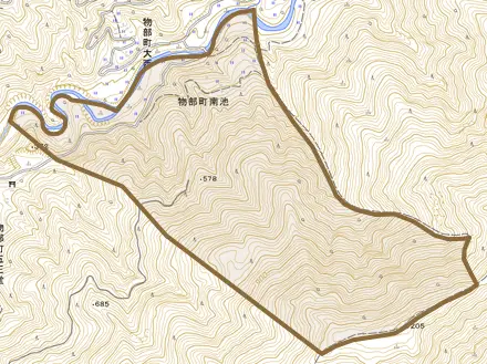 物部町南池とその周辺の地図。町の範囲を重ねている