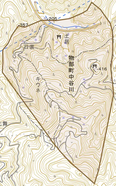 物部町中谷川とその周辺の地図。町の範囲を重ねている
