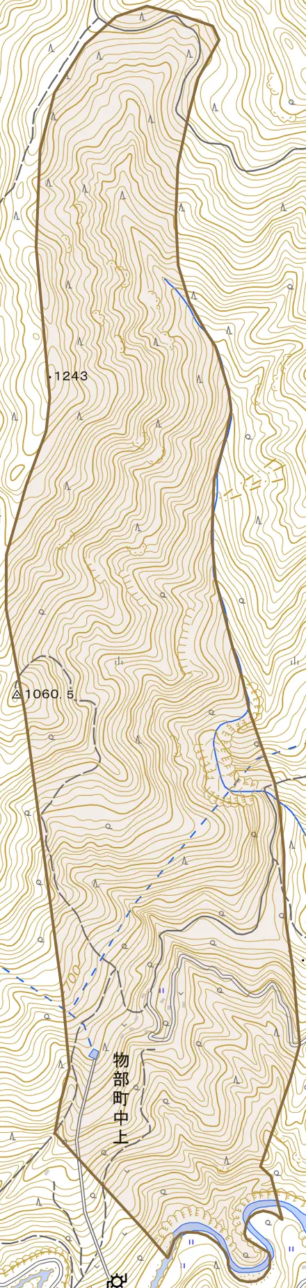 物部町中上とその周辺の地図。町の範囲を重ねている
