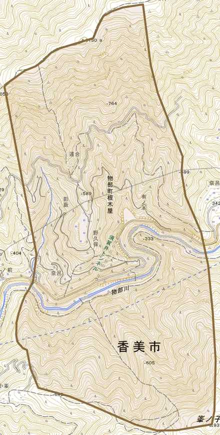 物部町根木屋とその周辺の地図。町の範囲を重ねている