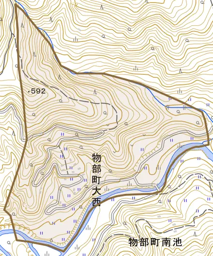 物部町大西とその周辺の地図。町の範囲を重ねている