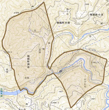 物部町押谷とその周辺の地図。町の範囲を重ねている