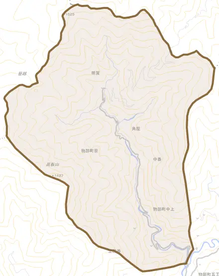 物部町笹とその周辺の地図。町の範囲を重ねている