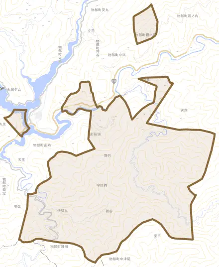物部町仙頭とその周辺の地図。町の範囲を重ねている