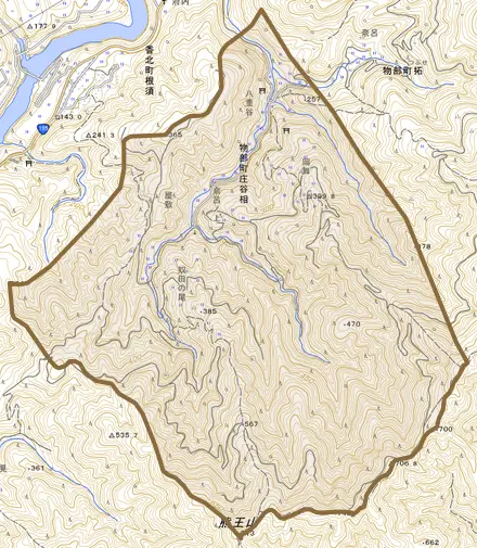 物部町庄谷相とその周辺の地図。町の範囲を重ねている