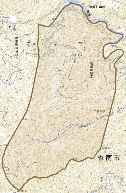 物部町頓定とその周辺の地図。町の範囲を重ねている