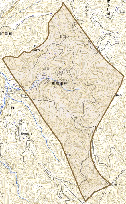 物部町拓とその周辺の地図。町の範囲を重ねている