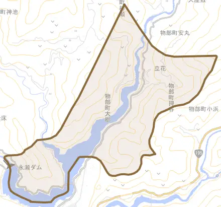 物部町柳瀬とその周辺の地図。町の範囲を重ねている