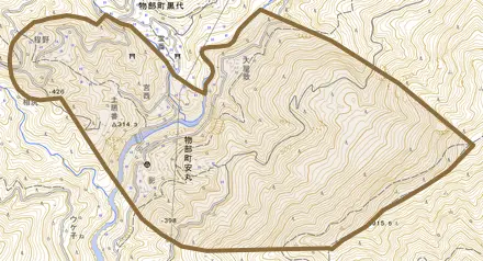 物部町安丸とその周辺の地図。町の範囲を重ねている