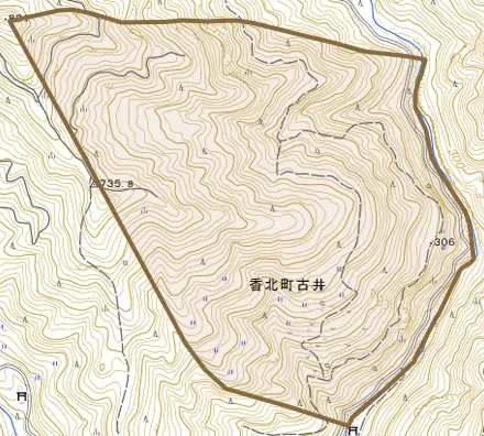 香北町古井とその周辺の地図。町の範囲を重ねている