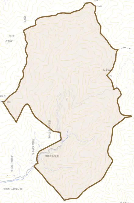 物部町久保影とその周辺の地図。町の範囲を重ねている