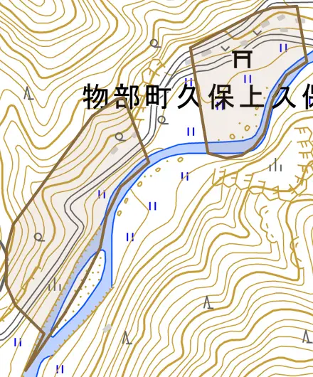 物部町久保上久保とその周辺の地図。町の範囲を重ねている