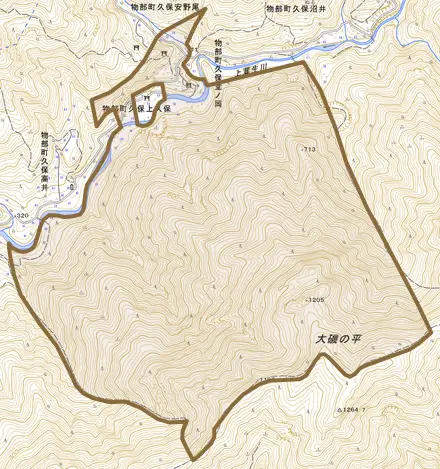 物部町久保堂ノ岡とその周辺の地図。町の範囲を重ねている