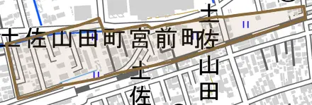 土佐山田町宮前町とその周辺の地図。町の範囲を重ねている