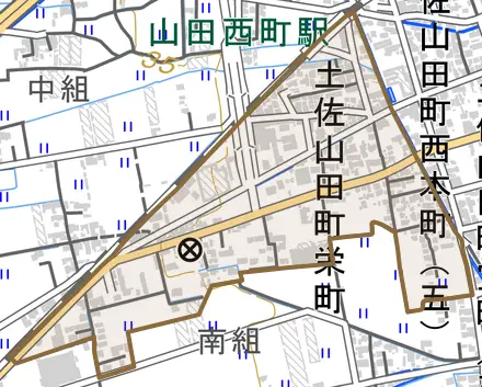 土佐山田町栄町とその周辺の地図。町の範囲を重ねている