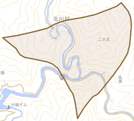 大字二タ又とその周辺の地図。町の範囲を重ねている