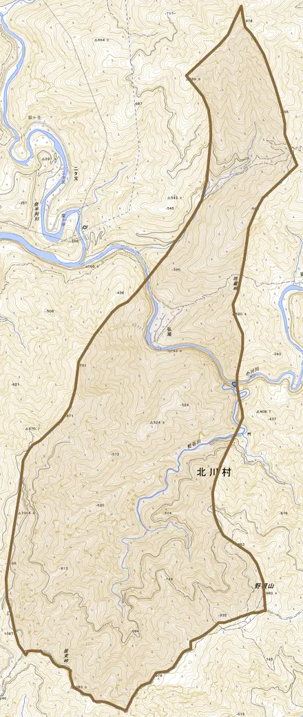 大字弘瀬とその周辺の地図。町の範囲を重ねている