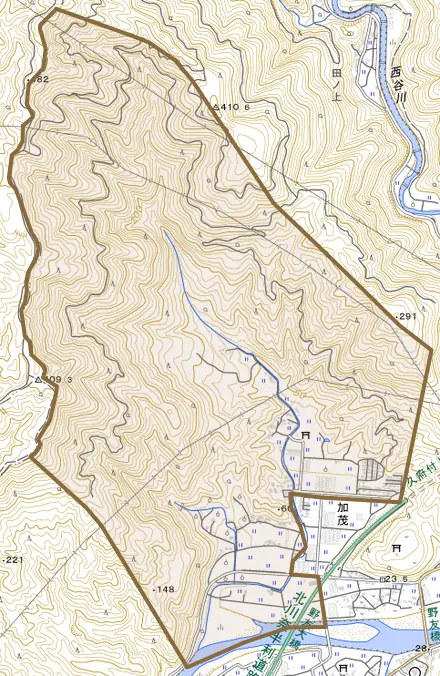 大字加茂とその周辺の地図。町の範囲を重ねている