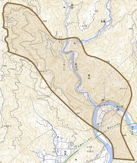 大字長山とその周辺の地図。町の範囲を重ねている