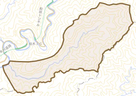 大字野川とその周辺の地図。町の範囲を重ねている