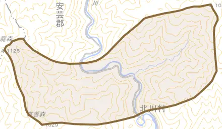 大字島とその周辺の地図。町の範囲を重ねている