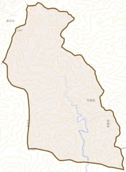 大字竹屋敷とその周辺の地図。町の範囲を重ねている