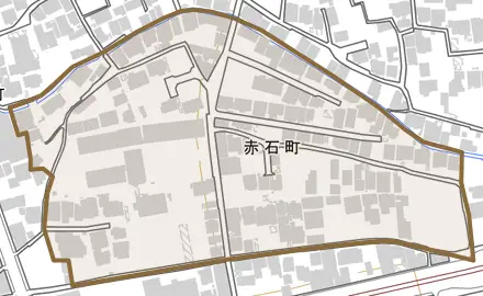 赤石町とその周辺の地図。町の範囲を重ねている