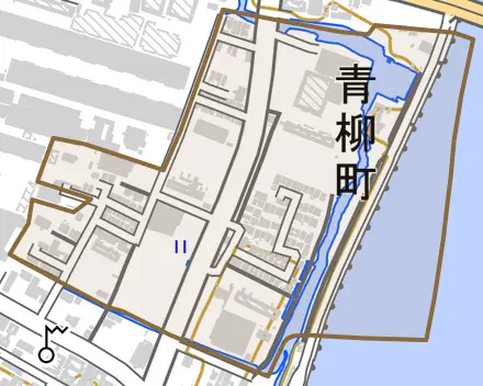 青柳町とその周辺の地図。町の範囲を重ねている