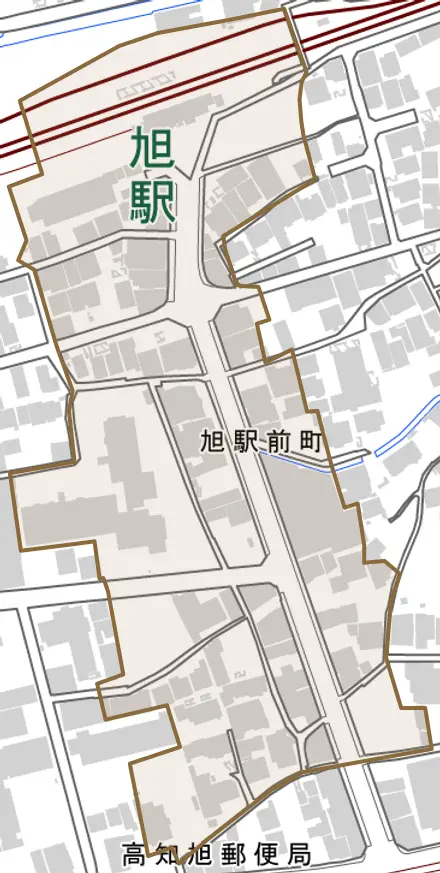 旭駅前町とその周辺の地図。町の範囲を重ねている
