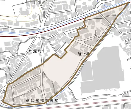 旭上町とその周辺の地図。町の範囲を重ねている