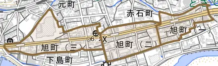 旭町とその周辺の地図。町の範囲を重ねている
