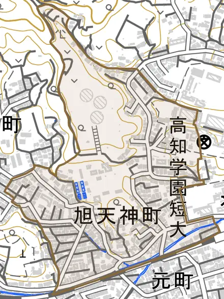 旭天神町とその周辺の地図。町の範囲を重ねている