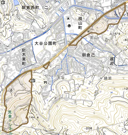 朝倉戊とその周辺の地図。町の範囲を重ねている