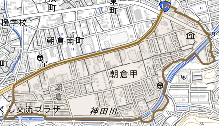 朝倉甲とその周辺の地図。町の範囲を重ねている