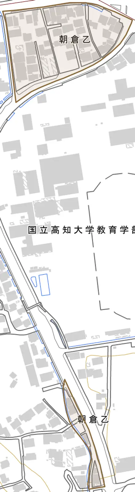 朝倉乙とその周辺の地図。町の範囲を重ねている