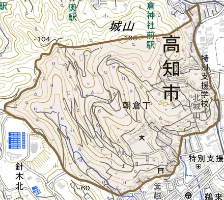 朝倉丁とその周辺の地図。町の範囲を重ねている