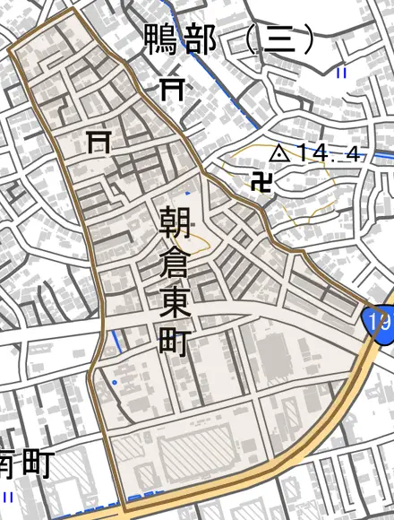 朝倉東町とその周辺の地図。町の範囲を重ねている