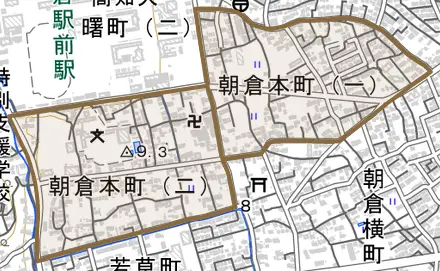 朝倉本町とその周辺の地図。町の範囲を重ねている