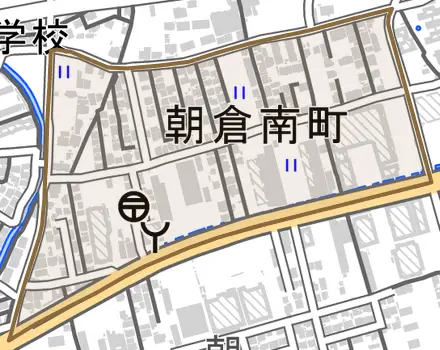 朝倉南町とその周辺の地図。町の範囲を重ねている