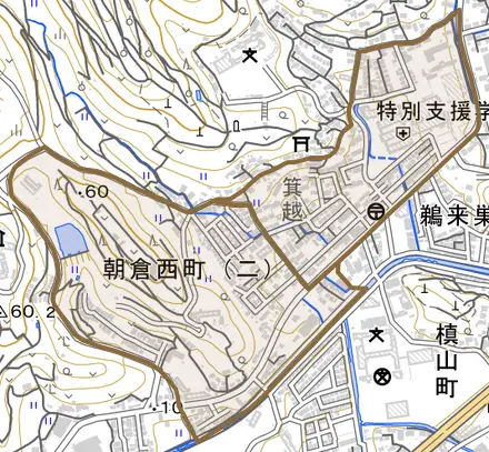朝倉西町とその周辺の地図。町の範囲を重ねている