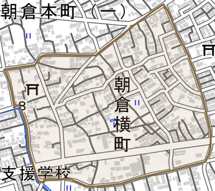 朝倉横町とその周辺の地図。町の範囲を重ねている