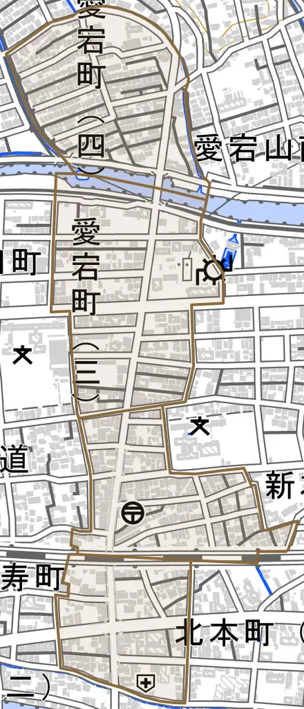 愛宕町とその周辺の地図。町の範囲を重ねている