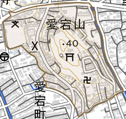 愛宕山とその周辺の地図。町の範囲を重ねている