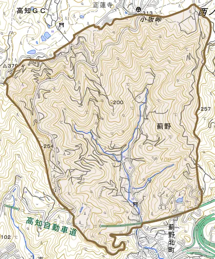 薊野とその周辺の地図。町の範囲を重ねている